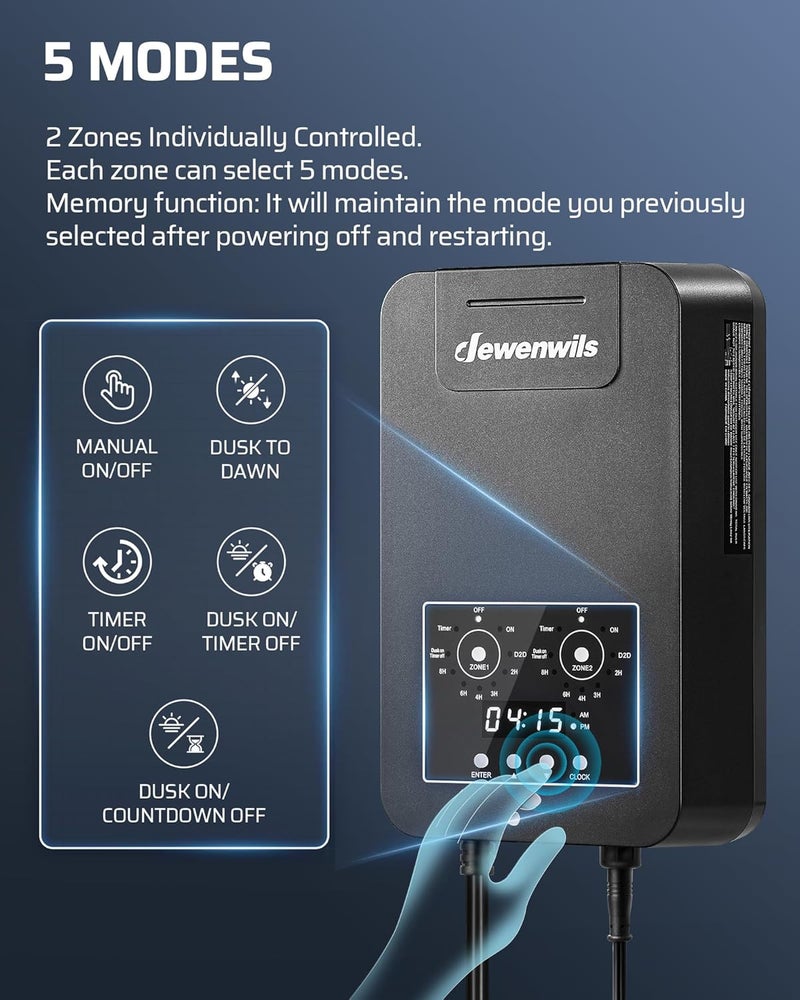 DEWENWILS 300W DC Low Voltage Landscape Transformer with 2 Zones, Photocell Sensor & Timer, Outdoor Low Voltage Transformer, Landscape Lighting Transformer for Spot Light Steplight - Image 3